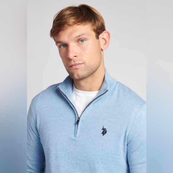 U.S. Polo Assn. Blue Mens Funnel Neck Quarter Zip Knit Jumper Size M - Picture 3 of 9